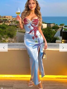 JESSICA BARA LINDSI SATIN RHINESTONE STARFISH MAXI DRESS